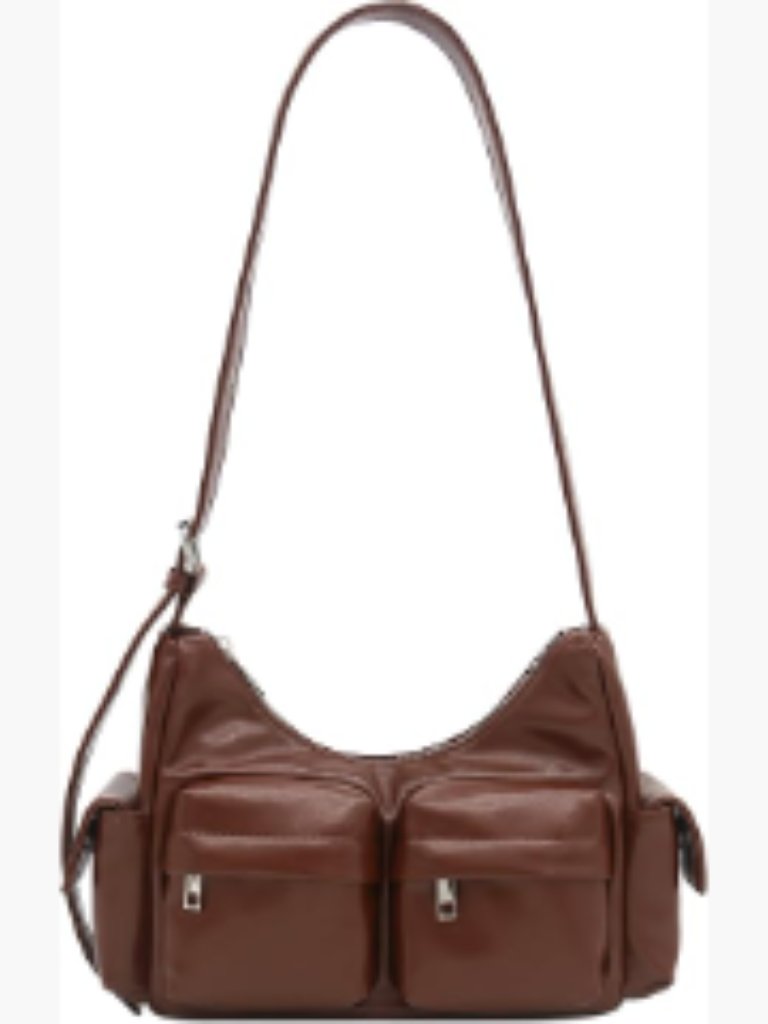 Faux Leather Multi Pocket Hobo Shoulder Bag Zipper Adjustable Straps